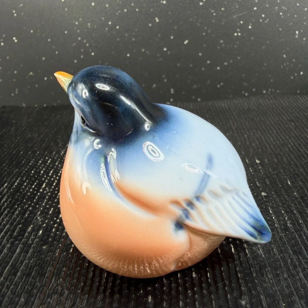 Vintage Chubby Blue Bird Porcelain Figurine Round Glossy Glazed Figure 2.5 inch